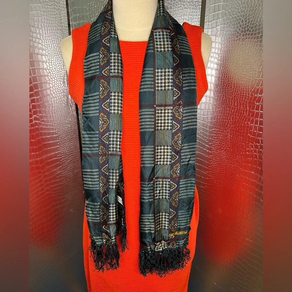 Echo Black and Green Patterned Fringed Scarf
